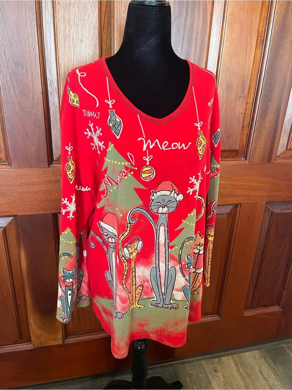 Jess and Jane Meow Meow Christmas Cat Kitten Ornaments Size 2XL 3/4 Sleeve Shirt